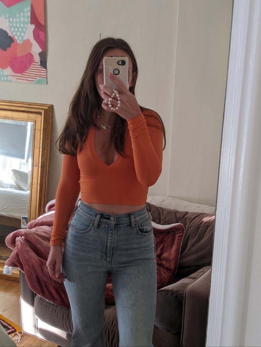Babaton Bright Orange Long-Sleeve Collared V-Neck Top - Picture 3 of 3